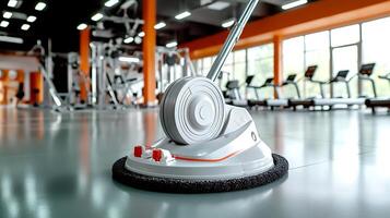 Close-up of a floor cleaning machine in a modern gym with workout equipment in the background photo