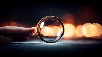 Close-Up of a Finger Gently Touching a Transparent Bubble with Glowing Background Lights photo