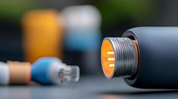 Close-up of a modern, high-tech device with intricate details and blurred background elements photo