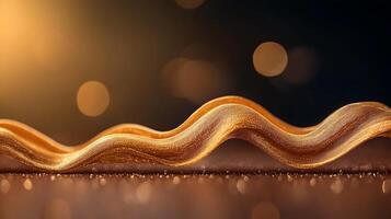 Close-up of a shimmering golden wave on a wooden surface with a blurred warm background photo
