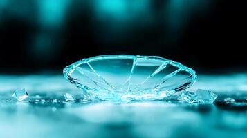 Close-up of a shattered piece of glass reflecting turquoise light with blurred background elements photo