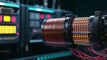 Close-up of a futuristic energy device with intricate wiring and glowing controls in a tech lab photo
