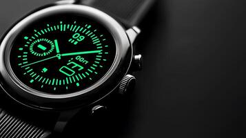 Close-up of a glowing digital watch displaying time and features against a dark background photo