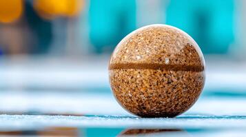 Close-up of a glossy sand-colored sphere on a reflective surface with blurred colorful background photo