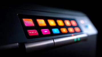 Close-up of a modern appliance control panel with illuminated buttons in a dark setting photo