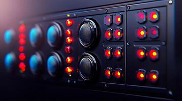 Close-up of a futuristic control panel featuring illuminated buttons and indicators, with a blurred background photo