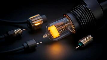 Close-up of a glowing light bulb surrounded by electrical components on a dark background photo