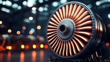 Close-up of a glowing turbine engine in an industrial setting with blurred machinery in the background photo