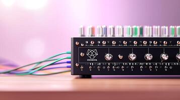 Close-up of a modern audio mixer on a wooden table with colorful cables and a soft background photo