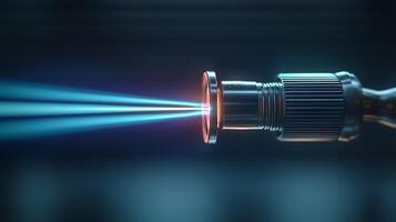Close-up of a futuristic laser device emitting blue beams in a high-tech environment photo
