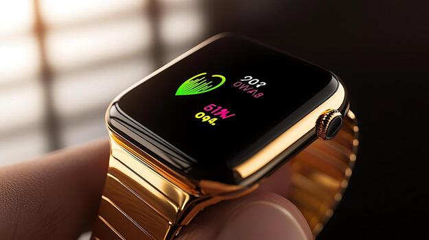Close-up of a gold smartwatch displaying heart rate and health metrics in a modern setting photo