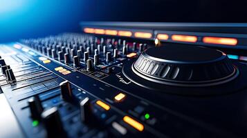 Close-up of a professional audio mixer with illuminated controls in a dark studio setting photo