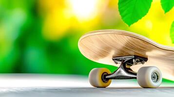 Close-up of a skateboard on a surface with vibrant green leaves and sunlight in the background photo