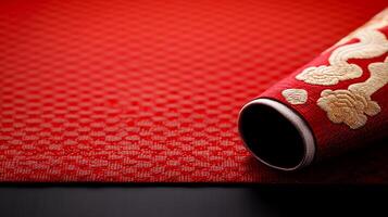 Close-up of a rolled red fabric with intricate golden patterns on a textured background photo