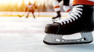Close-up of a hockey skate on ice with players in action and a blurred forest background photo