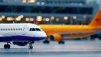 Close-up of a modern airplane taxiing on a runway with a blurred background of another aircraft photo