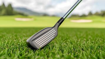 Close-up of a golf club resting on lush green grass with a scenic golf course in the background photo