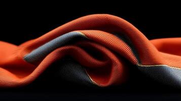 Close-up of a folded vibrant orange and gray fabric showcasing intricate texture against a dark backdrop photo