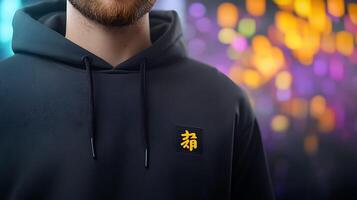 Close-up of a person in a dark hoodie with a vibrant bokeh background at an event photo