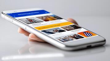 Close-up of a hand holding a smartphone displaying a colorful app interface with images photo