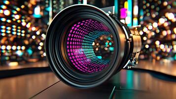 Close-up of a modern camera lens showcasing vibrant colors and bokeh effects, with a blurred cityscape in the background photo