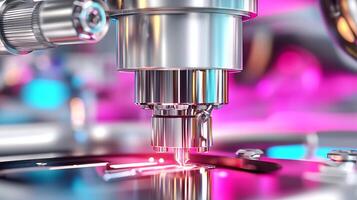 Close-up of a precision laser cutting machine operating on a metal surface with vibrant lighting photo