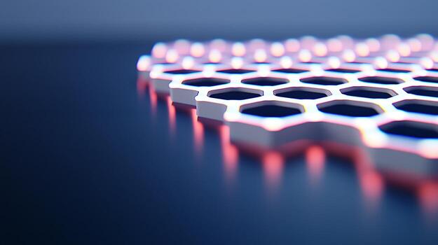 Close-up of a futuristic hexagonal surface with glowing edges, set against a dark background photo