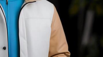 Close-up of a person wearing a stylish jacket with contrasting colors against a blurred background photo
