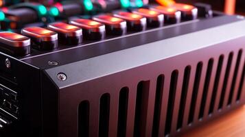 Close-up of a sleek audio mixer showcasing vibrant buttons and a modern design photo