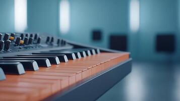 Close-up of a modern synthesizer keyboard in a minimalist studio setting with soft lighting photo