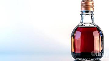 Close-up of a glass bottle filled with dark liquid on a smooth surface with a gradient background photo