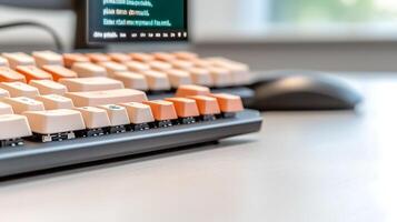 Close-up of a modern keyboard and mouse on a desk with a blurred screen in the background photo