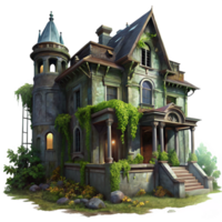 magnificent minimalist Abandoned Victorian mansion, overgrown with ivy, dim moonlight filtering through broken windows, spooky atmosphere, digital painting premium png