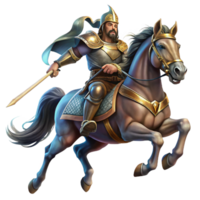 magnificent classic An Epirote warrior on horseback, charging into battle, dynamic pose, dramatic lighting, painterly style, authentic png