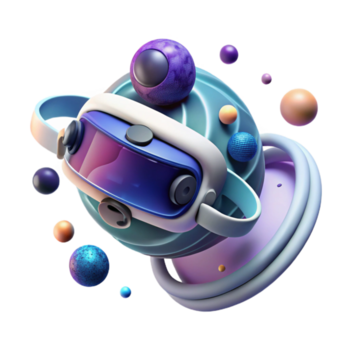 sereno classico un' virtuale la realtà cuffia galleggiante nel spazio, circondato di un' vorticoso vortice di digitale dati. surreale stile, vivace colori, senso di immersione e evasione autentico png