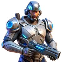 dramatic contemporary A futuristic soldier wearing powered armor, holding a futuristic weapon. Science fiction style, dramatic lighting, sense of power and conflict exclusive png