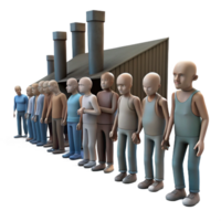 extraordinary abstract A group of emaciated humans, queuing for rations in a desolate industrial complex, photorealistic, dim and dusty lighting premium png