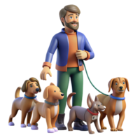 beautiful contemporary Dog walker with multiple dogs on leashes, playful scene, urban park setting, bright daylight exclusive png