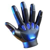 wonderful artistic Human hand with finger extensions crafted from sleek, black carbon fiber, emitting a subtle, pulsating blue light, in a futuristic style 4K png