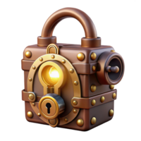 dramatic creative A steampunk lock with intricate clockwork mechanisms and a brass faceplate, illuminated by a keyhole light, in a security style detailed png