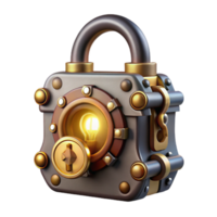 serene minimalist A steampunk lock with intricate clockwork mechanisms and a brass faceplate, illuminated by a keyhole light, in a security style high resolution png
