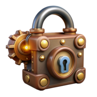 vibrant modern A steampunk lock with intricate clockwork mechanisms and a brass faceplate, illuminated by a keyhole light, in a security style high resolution png