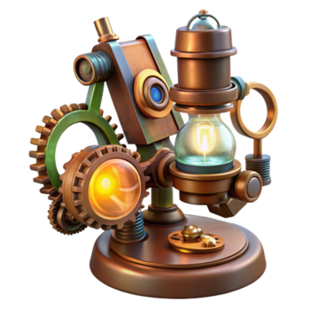 serene minimalist A steampunk microscope with intricate gears and lenses, illuminated by a lamp, in a scientific style high resolution png