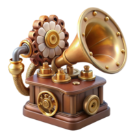 wonderful contemporary A steampunk gramophone with a brass horn and intricate clockwork gears, playing a soft melody, in a musical style premium png