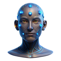 wonderful artistic Human face with integrated data ports and glowing LEDs, emitting a flickering, digital light, in a cyberpunk style authentic png