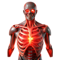elegant artistic Biomechanical torso with exposed ribcage and artificial organs, illuminated by a pulsating, red light, in a horror style 4K png