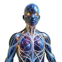 vibrant rustic Human nervous system represented by intricate, glowing wires, transmitting electrical impulses, in a science fiction style high quality png