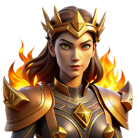 extraordinary minimalist Portrait of a fierce warrior queen with golden armor and a determined expression, lit by the flames of a battlefield, in a digital painting style exclusive png