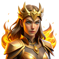 impressive minimalist Portrait of a fierce warrior queen with golden armor and a determined expression, lit by the flames of a battlefield, in a digital painting style exclusive png