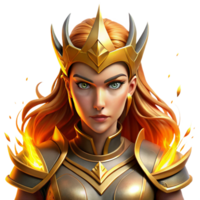 wonderful traditional Portrait of a fierce warrior queen with golden armor and a determined expression, lit by the flames of a battlefield, in a digital painting style exclusive png